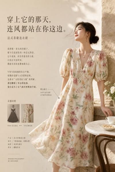 生成的设计理念图:模特倚墙站立,左侧竖排设计师自述与灵感对照