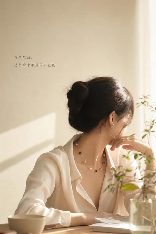 生成的情绪共鸣图:模特侧身佩戴项链,坐在窗边的暖光里