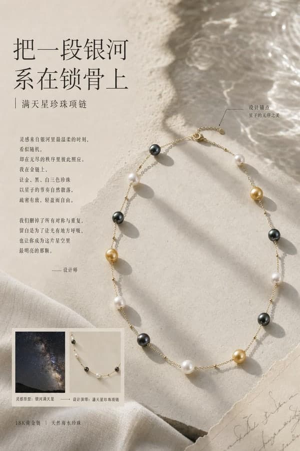 生成的设计理念图:项链平铺在浅色纸面,左侧竖排设计师自述